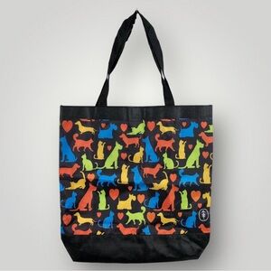 Dogs Cats Animals Nylon Fabric Tote Bag Handbag Black Multicolor 16" X 16"!